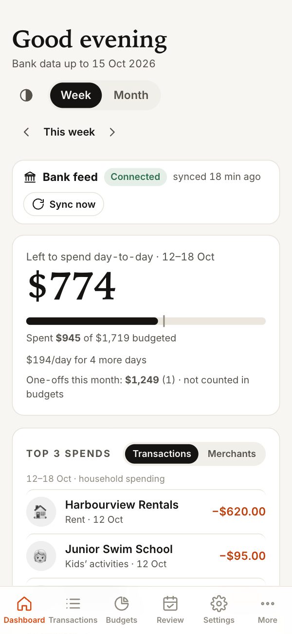OurJamJar dashboard on a phone, showing what’s left to spend this week